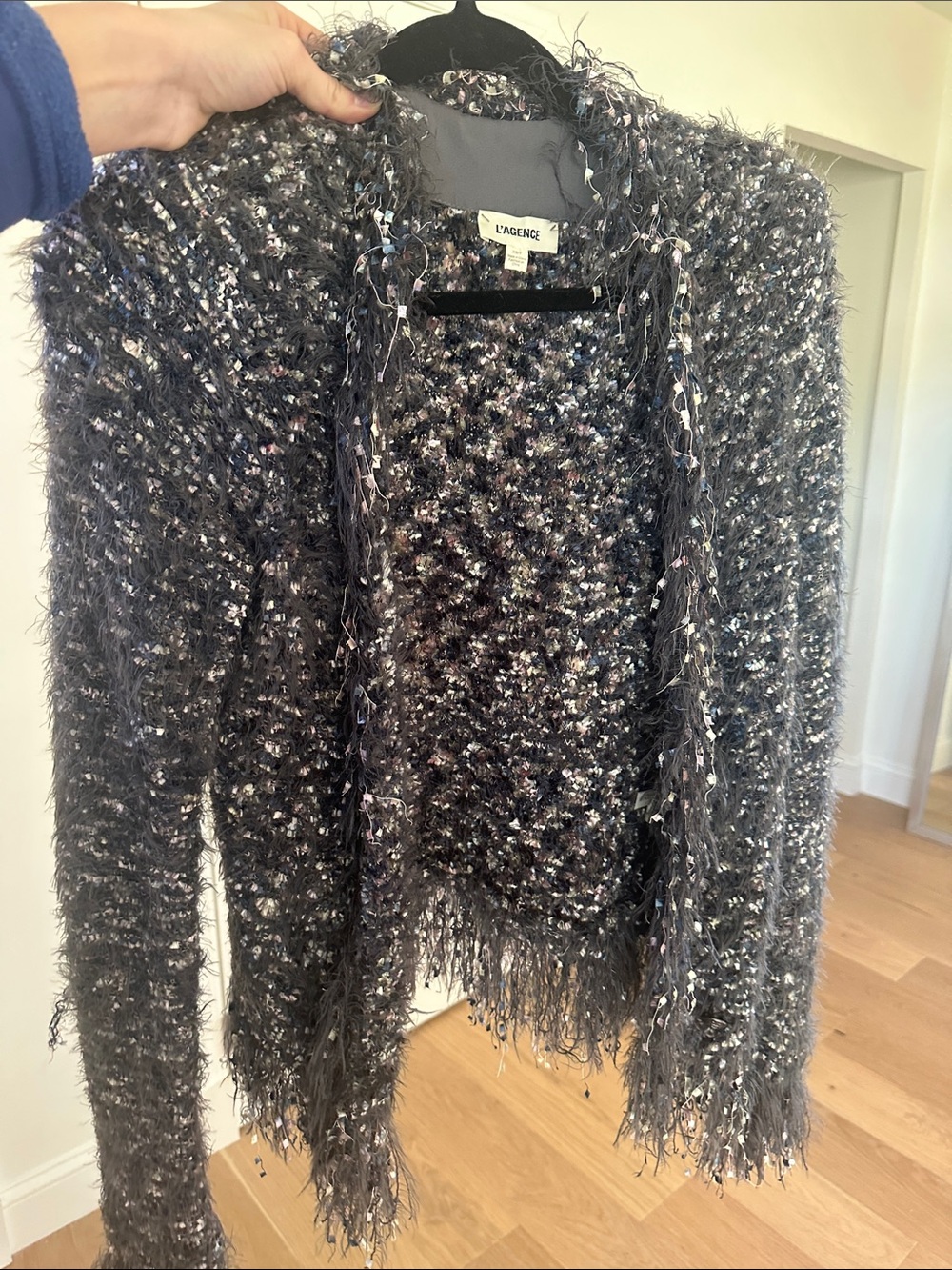 L'AGENCE Charcoal Fringe Knit Cardigan